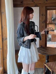 DAZY 韩版女式做旧休闲牛仔上衣，牛仔外套，秋季女装长袖 - 藍色 - 查看 6