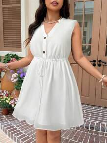 Solflare Vestido casual de gasa blanco sin mangas para tallas grandes