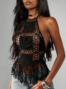 MISSGUIDED 波西米亚钩针露背短款上衣节日海滩罩衫手工针织网眼流苏背心夏季波西米亚音乐演唱会派对度假沙滩装 - 黑色 - 查看 6