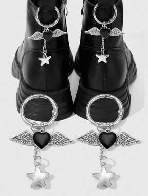 Grunge Punk 2pcs Y2K Retro Gothic Style Silver CCB Star Wing & Heart Shaped DIY Shoe Clips, Fashion Accessories Suitable For Women, Daily Wear Or Gift