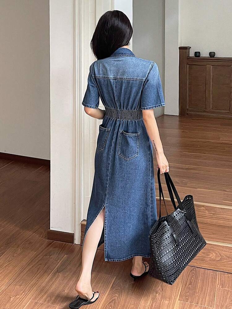 Casual Washed Denim Turndown Collar Women's Denim Dress, Summer Sundress Maxi Dress