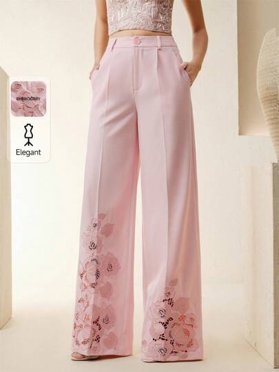 Anewsta Women's Heavy Embroidered Hollow Flower Pink Loose Pants, Summer