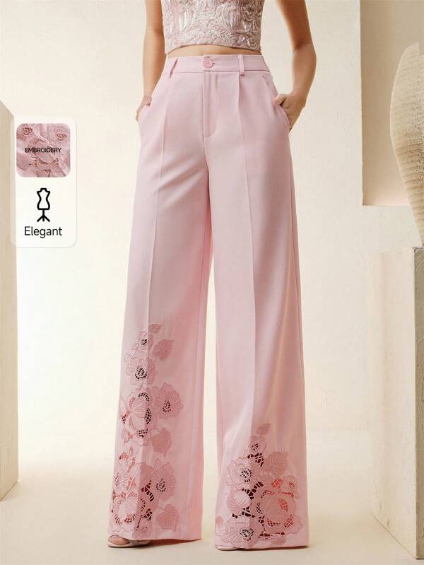 Anewsta Calça feminina folgada com bordado pesado e flores vazadas rosa, verão