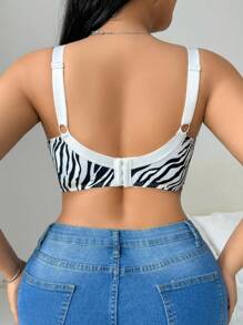 SHEIN 1pc Women Plus Size Lace Patchwork Zebra Print Wireless Bra, Without Padding