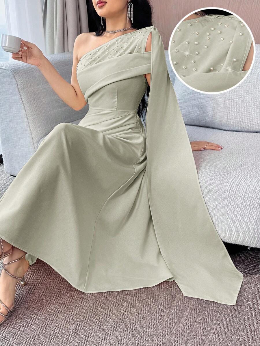Modelyn 女士纯色仿珍珠装饰单肩荷叶边中长连衣裙,优雅 - 綠色 - 查看 1