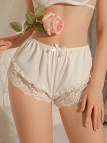 Cute-Sweet White Fabric Plain Boyshort Briefs With Contrast Lace And Bow Detail Medium Stretch - White - View 1