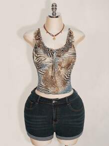 SHEIN ICON 加大码女式豹纹 V 领吊带背心，修身蕾丝边 Y2K 性感无袖衬衫 - 彩色 - 查看 5