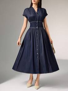 Heiryn 女式纯色前扣V领优雅短袖中长连衣裙 - 藍色 - 查看 4