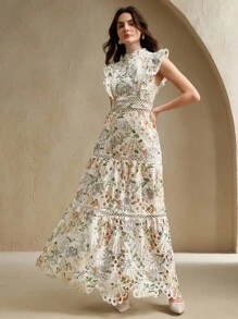 Anewsta 女士腰部收紧镂空刺绣印花优雅中长连衣裙，假日风格 - 淺藍色 - 查看 3