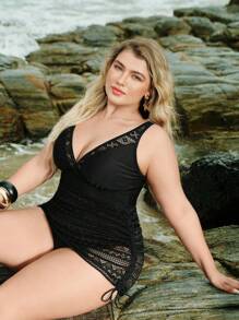 Swim Lushoire 大码纯色V领褶饰腰部时尚休闲泳裙