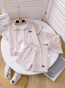 4-Piece Outfit Set For Baby Boy: White T-Shirt, Checkered Shirt, Shorts, Hat, Suitable For Summer Outings, Vacations & All Occasions, Mix & Match Casual Style - Apricot - View 2