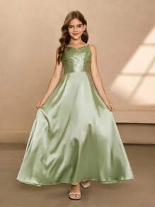 花童伴娘缎带褶饰长裙，精致风格，适合婚礼、万圣节、毕业典礼、舞会、生日派对 - 綠色 - 查看 4