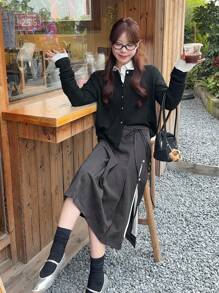 DAZY 女士可爱百褶中长裙秋季半身裙 - 灰色 - 查看 3