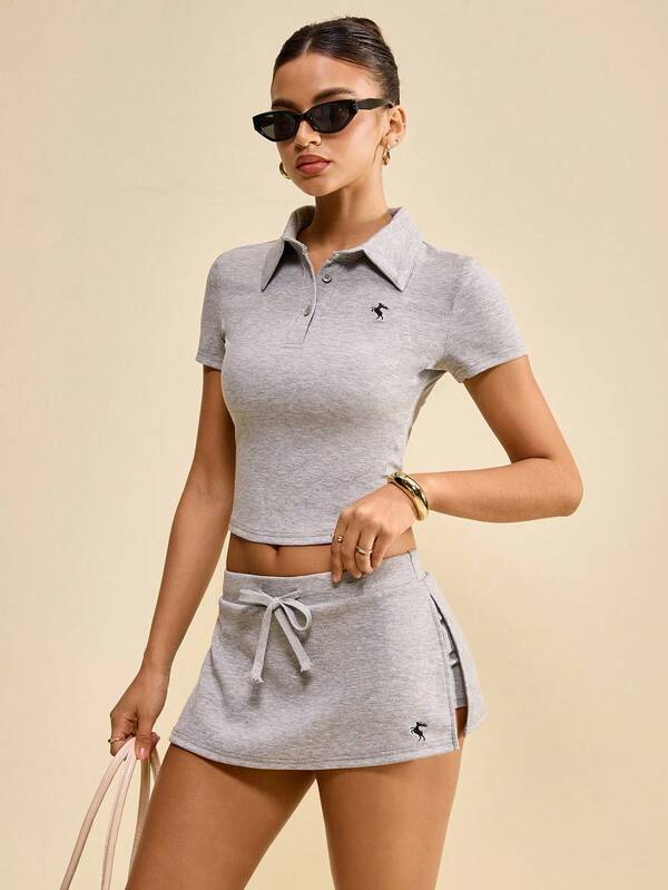 Muvela Women's Vintage Casual Sporty Two Pieces Set Featuring A Short-Sleeve Polo Top And Low-Rise Mini Skort, Perfect For Back-To-School, Daily Outings, And Athleisure Or Baseball-Inspired Looks