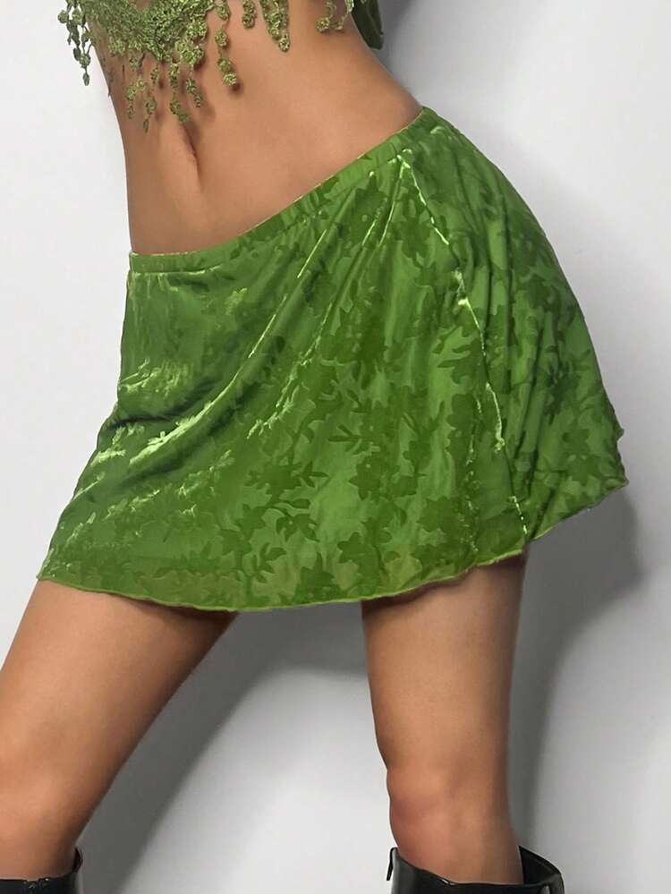 EgrlEra Women's Flocked Mesh Floral Pattern Mini Skirt - Green - View 5