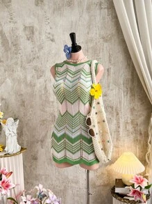 Firerie Color-Block Hollow Out Mini Bodycon Knitted Dress - Multicolor - View 3