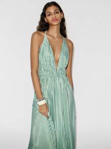 Lumivelle 女士褶裥圆领系带蝴蝶结连衣裙 - 薄荷綠 - 查看 4