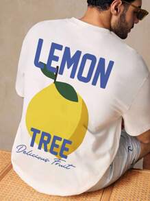 Manfinity VCAY Casual Lemon Graphic Print White Loose T-Shirt For Men Lemon Shirt Men Lemon Graphic Tee Men Graphic Tees Fruit Graphic Tee Big And Tall Graphic Tees - White - View 2