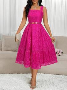 SHEIN Lady 2025 New Floral Lace Ruffle Hem Elegant Maxi Slip Dress For Women Fuchsia Dress Rose Lace Dress - Hot Pink - View 3