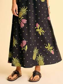 CAJUNI 女式菠萝印花休闲无袖连衣裙，夏季 - 黑色 - 查看 7