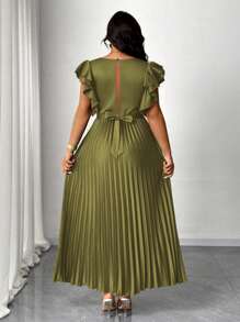 Maweii Plus Size Solid Color V-Neck Ruffle Sleeve Pleated Dress - Army Green - View 2