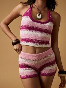 MISSGUIDED Textured Striped Knit Co-Ord Halter Crop Top And High Waist Shorts Festival Boho Summer Beach Holiday Outfit Soft Loungewear Set - Multicolor - View 4