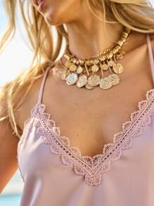 Aralina 蕾丝边吊带缎面宽松优雅长裙 - 淺粉色 - 查看 4