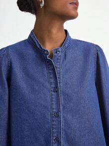 Daynim 女式长袖单排扣宽松休闲牛仔衬衫 - 中等水洗藍 - 查看 4