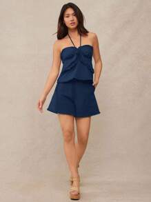 WESTFADE 100% 纯棉西部波西米亚风流苏磨边高腰休闲 A 字短裤休闲、可爱、秋季、冬季、乡村音乐会 - 藍色 - 查看 5