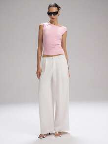 LYSMO Women's Casual Asymmetrical Shoulder Light Pink Blouse, Summer - Baby Pink - View 6