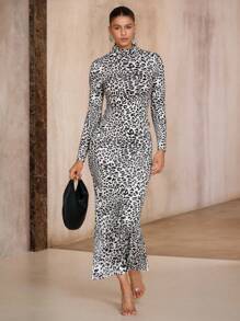 Avenne Vestido largo ajustado de cuello alto con estampado animal de manga larga, para mujer, para otoño/invierno