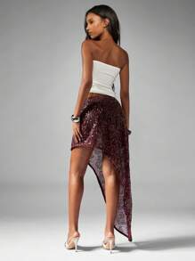 MISSGUIDED Jupe longue asymétrique en dentelle pailletée taille haute pour soirée, fête, mariage, invité. Jupe longue festive et élaborée