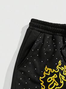 ROMWE MEN Street Life Shorts casuales de verano para hombre con bordado de letras con pedrería brillante