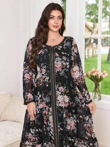 Al Najma Plus Size Women  Arab Style Floral Print Patchwork Elegant Casual Dress - Black - View 5