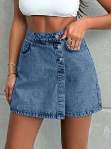 EURMUSE 100%Cotton LIGHT WASH BUTTONS DETAIL SHORT SKIRT - Dusty Blue - View 8