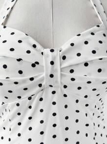 Sweetra Maiou de damă mărime mare, cu volane, decolteu halter, cu buline romantice, model polka dot - Multicolor - Vizualizare 3