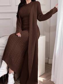 Feyla 2pcs/Set Women Elegant Solid Color Stand Collar Cable Sleeveless Dress And Long Sleeve Cardigan Set 2 Pieces Set In Fall/Winter