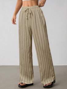 SHEIN PETITE Women's Striped Drawstring Waist Wide Leg Loose Casual Pants, For Daily Wear, Suitable For Spring, Summer And Autumn, French Holiday - Khaki - View 5
