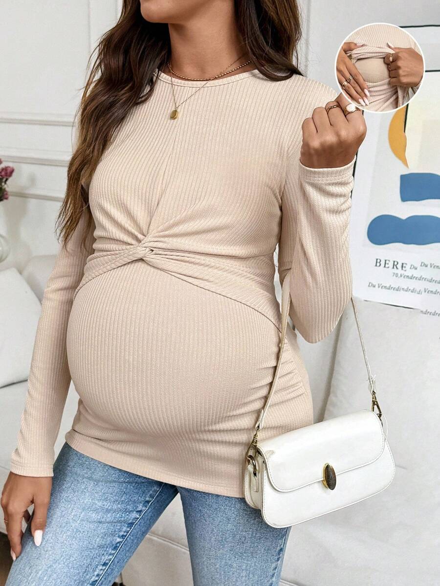 SHEIN Casual Versatile Solid Color Twist Front Maternity Nursing Top - Apricot - View 1