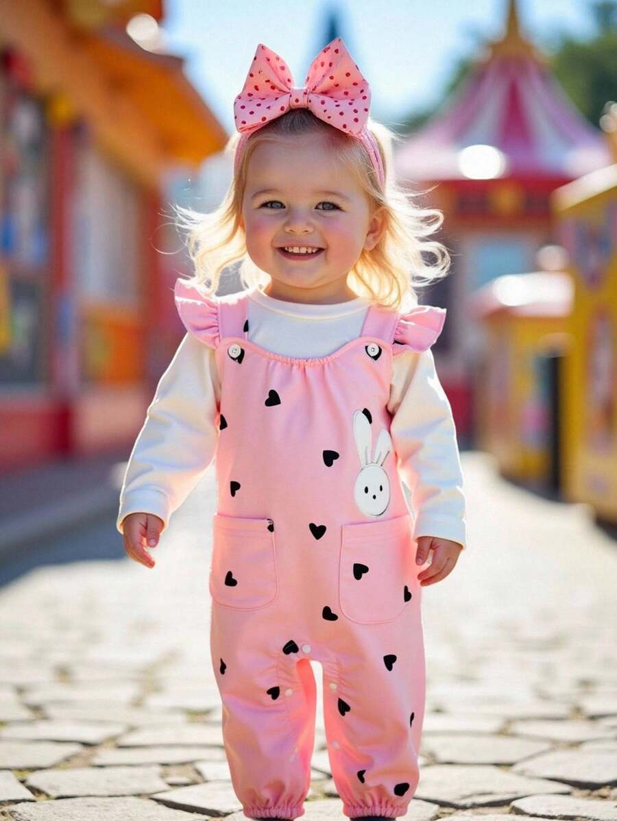 SHEIN Infant/Baby GirlCasual Long Sleeve Top And Cute Bunny Decorated Jumpsuit, Spring/Autumn