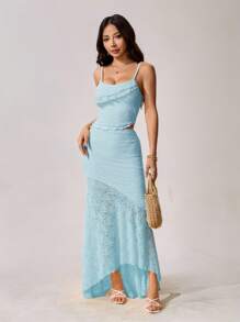 SHEIN PETITE 女装春夏度假结婚季透视蕾丝不对称下摆背心和低腰包臀鱼尾荷叶边加长不对称下摆裙两件套淡蓝色两件套 - 淺藍色 - 查看 3