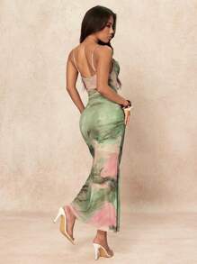 SHEIN PETITE Váy bó in họa tiết tie-dye thanh lịch dành cho nữ, mùa hè - màu xanh lá - Xem 2