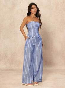 SHEIN PETITE Casual gestreepte top met enkelrijgsm en wijde broek voor dames, modieuze set van 2 stuks, loungesets voor dames, voor dagelijks gebruik