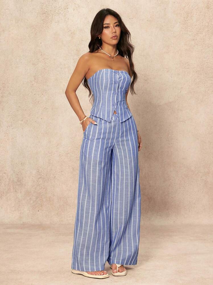 SHEIN PETITE Conjunto Casual Feminino de 2 Peças com Regata Listrada de Abotoamento Único e Calça Pantalona, Conjuntos de Loungewear para Uso Diário - Azul bebê - Visão 10