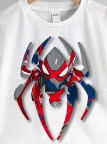 SHEIN Conjunto de camiseta de manga corta y pantalón corto informal con patrón de araña de dibujos animados para niño joven, adecuado para el verano