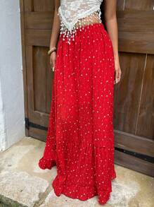 Sunnyshic 女式碎花高腰A字裙，适合夏季度假 - 紅色 - 查看 6