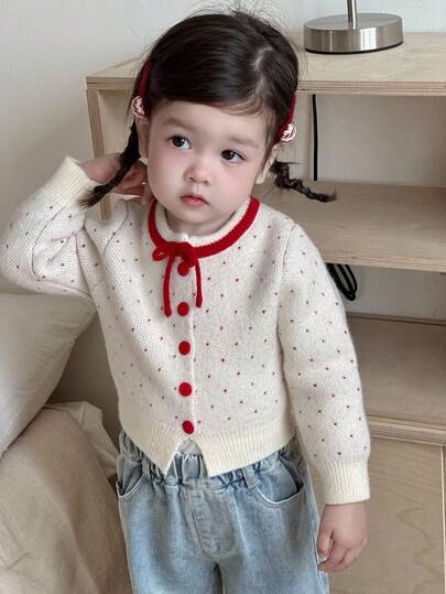 DAZY Áo khoác cardigan dáng rộng dễ thương họa tiết chấm bi phối màu trang trí nơ cho bé gái.
