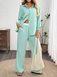 SHEIN LUNE Women's Casual Striped Basic Outfit Set, Simple Long Sleeve Top And Pants, Everyday Wear Lounge Sets For Women Sets 2 Pieces Women Matching Sets Women Co Ords Sets Women Going Out Outfits Airport Outfit For Women Back To School Streetwear Vacation Two Pieces Set Vacation Outfits Women Button Up Shirt Women Hawaii Outfits Women Lounge Sets For Women - Green - View 1