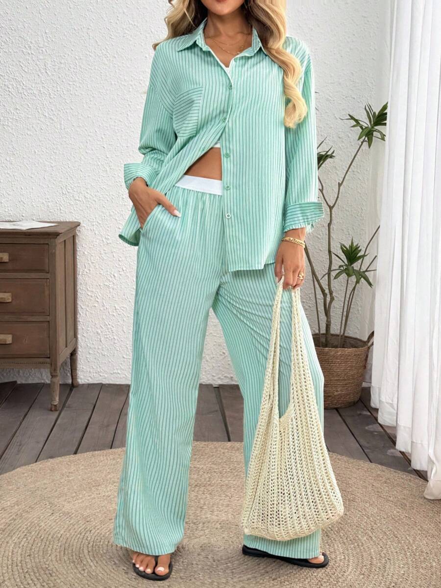 SHEIN LUNE Women's Casual Striped Basic Outfit Set, Simple Long Sleeve Top And Pants, Everyday Wear Lounge Sets For Women Sets 2 Pieces Women Matching Sets Women Co Ords Sets Women Going Out Outfits Airport Outfit For Women Back To School Streetwear Vacation Two Pieces Set Vacation Outfits Women Button Up Shirt Women Hawaii Outfits Women Lounge Sets For Women - Green - View 1