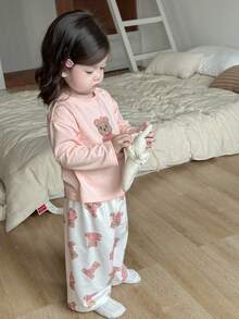 Dazy Kids Baby Girl Letter & Cartoon Bear Print Long Sleeve Top And Pants Pajamas,Toddler Fall Clothes - Baby Pink - View 3